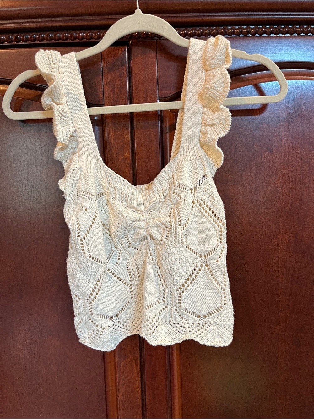 Cream Knit Scalloped-Strap Crop Top